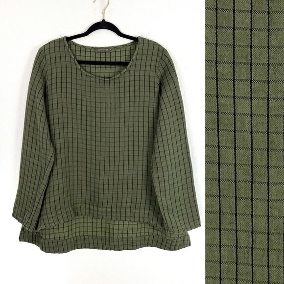 Cut Loose Linen Blend Tunic Top Grid Pattern Scoop Neck Olive Green Black Medium - Picture 1 of 5